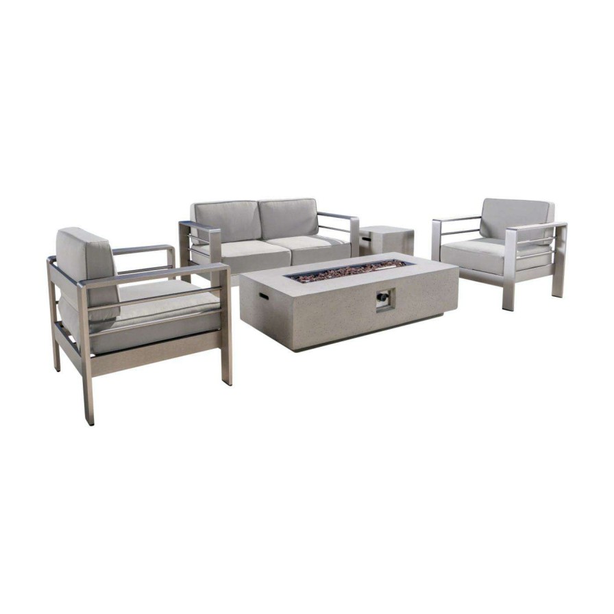 Fire Pit Patio Sets * | Brand New Best Selling Home Conversation Sets Cape Coral Aluminum 5 Piece Fire Pit Patio Conversation Set