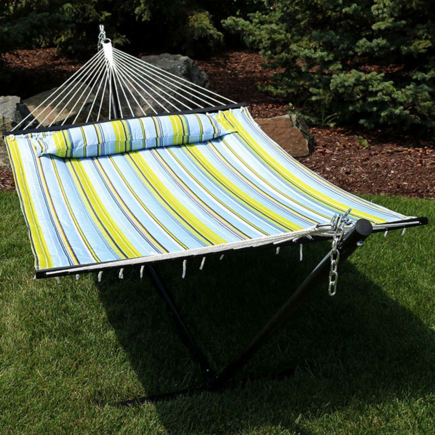 Hammocks * | Cheapest Sunnydaze Decor Quilted 2 Person Freestanding Hammock With Detachable Pillow And Stand