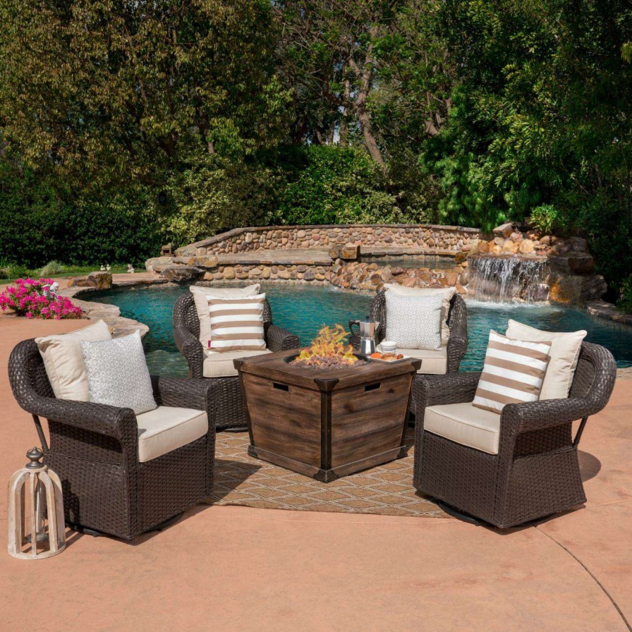 Fire Pit Patio Sets * | Cheap Best Selling Home Decor Conversation Sets Naliya Outdoor Wicker 4 Seater Swivel Club Chairs With Fire Pit Set