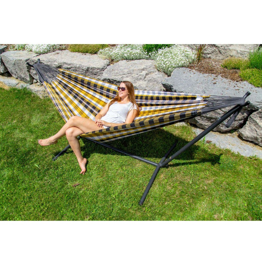 Hammocks * | Top 10 Hand Woven Vivere 9 Ft. Double Cotton Hammock With Stand Blue Lagoon