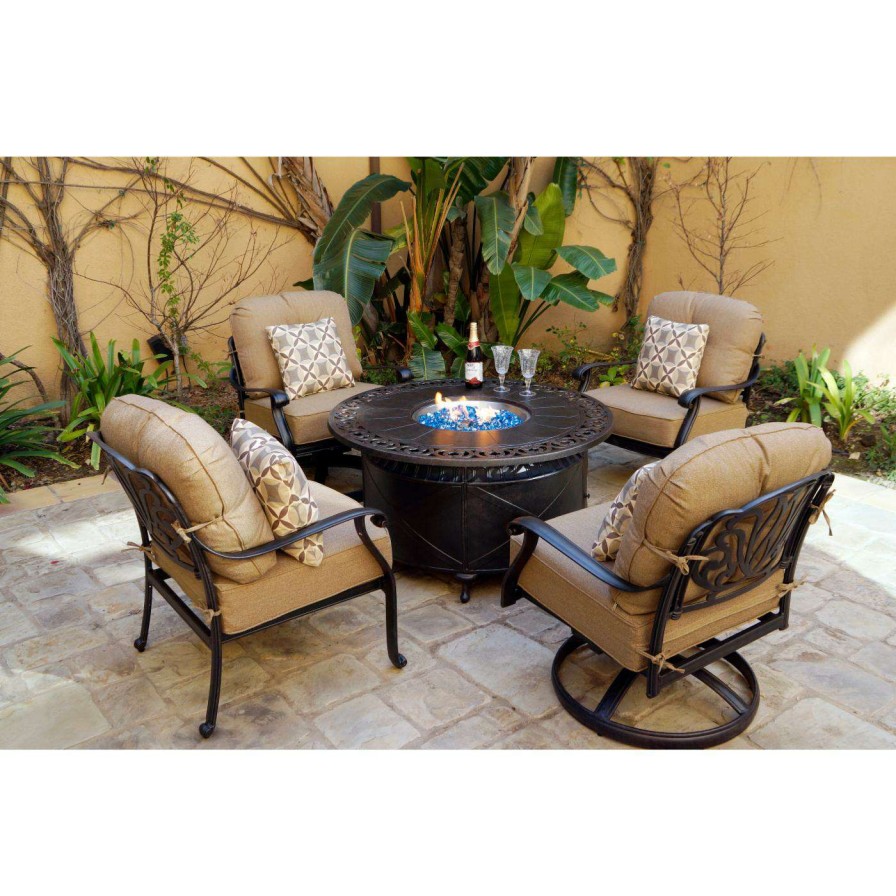 Fire Pit Patio Sets * | Promo Conversation Sets Darlee Elisabeth 5 Piece Club And Swivel Chair Propane Fire Pit Conversation Set