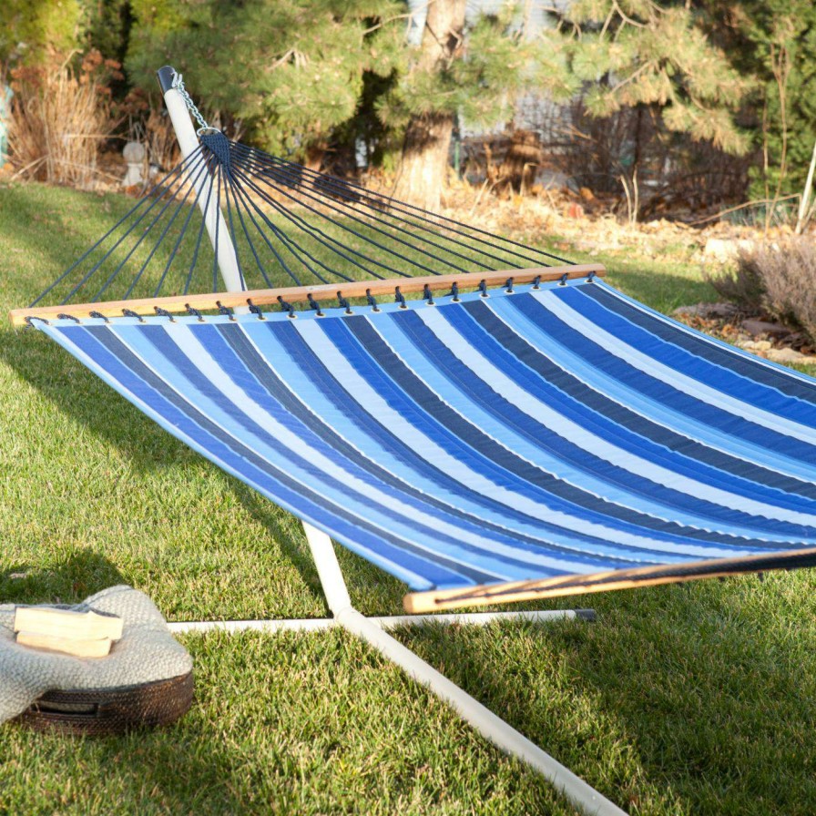 Hammocks * | Discount Twin Oaks Hammocks Twin Oaks Cobalt Quilted Sunbrella Fabric Double Hammock