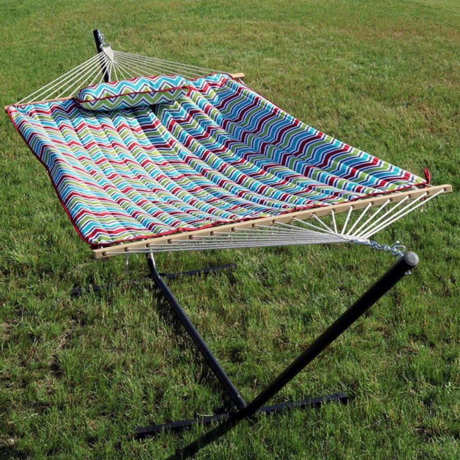 Hammocks * | Best Sale Sunnydaze Decor Chevron 12 Ft. Rope Hammock With Steel Stand