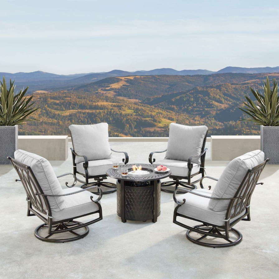 Fire Pit Patio Sets * | Wholesale Conversation Sets Oakland Living Rica Ritz Aluminum 5 Piece Propane Fire Pit Chat Set