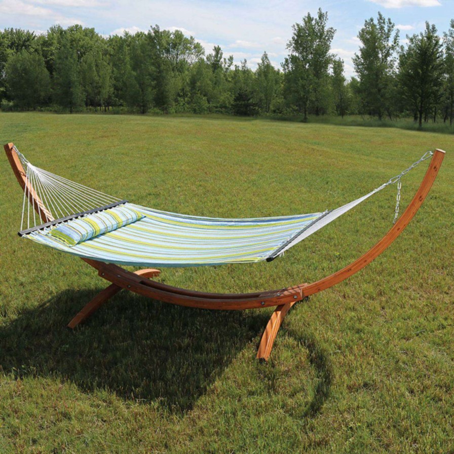 Hammocks * | Discount Sunnydaze Decor Quilted Double Fabric 12 Ft. Hammock With Curved Arc Wood Stand