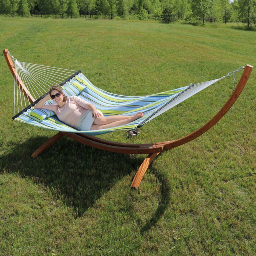 Hammocks * | Discount Sunnydaze Decor Quilted Double Fabric 12 Ft. Hammock With Curved Arc Wood Stand