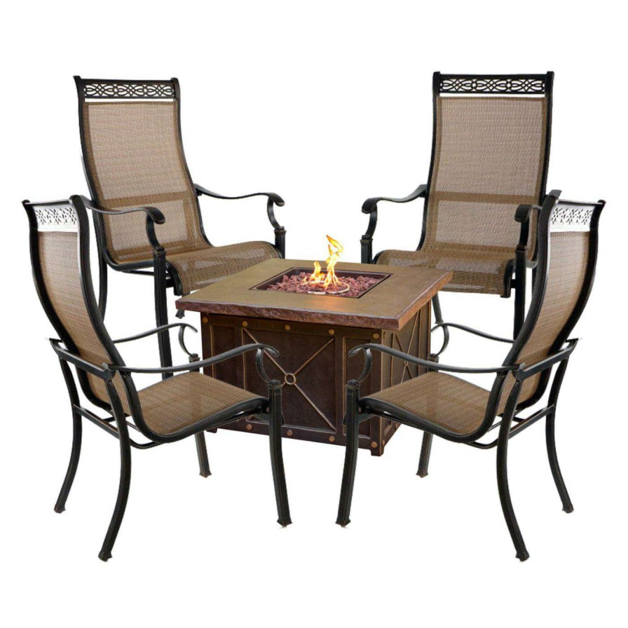 Fire Pit Patio Sets * | Deals Conversation Sets Hanover Monaco Aluminum 5 Piece Fire Pit Chat Set With Durastone Fire Pit