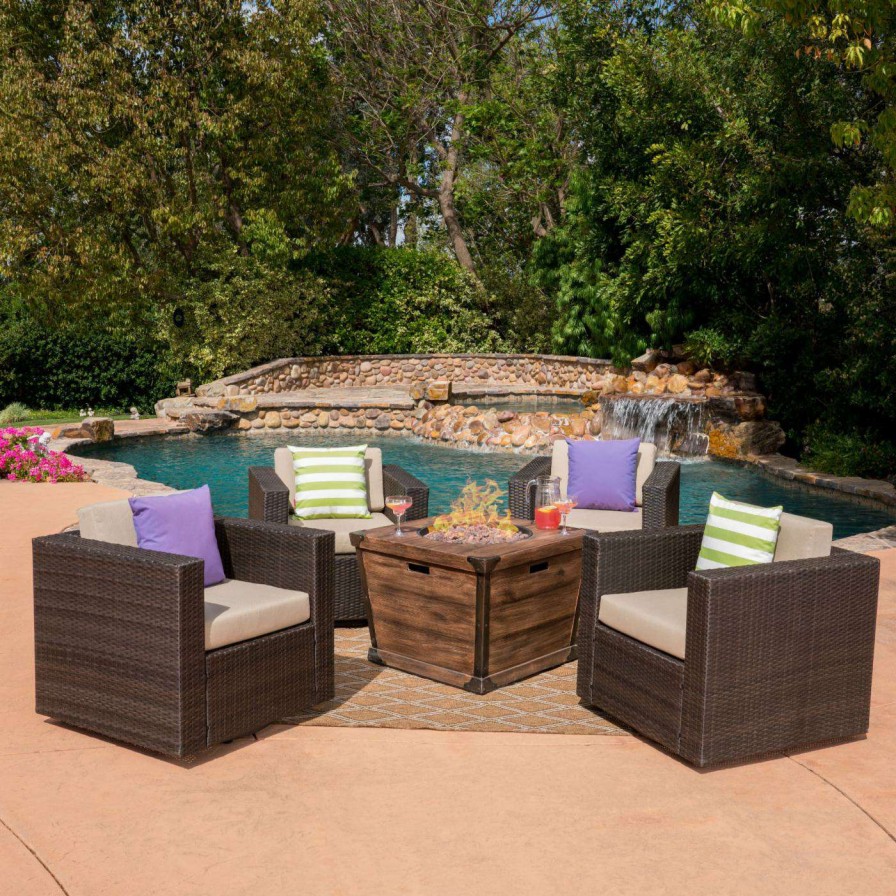 Fire Pit Patio Sets * | Best Sale Best Selling Home Decor Conversation Sets Blessing Outdoor Wicker 4 Seater Swivel Club Chairs With Fire Pit Set