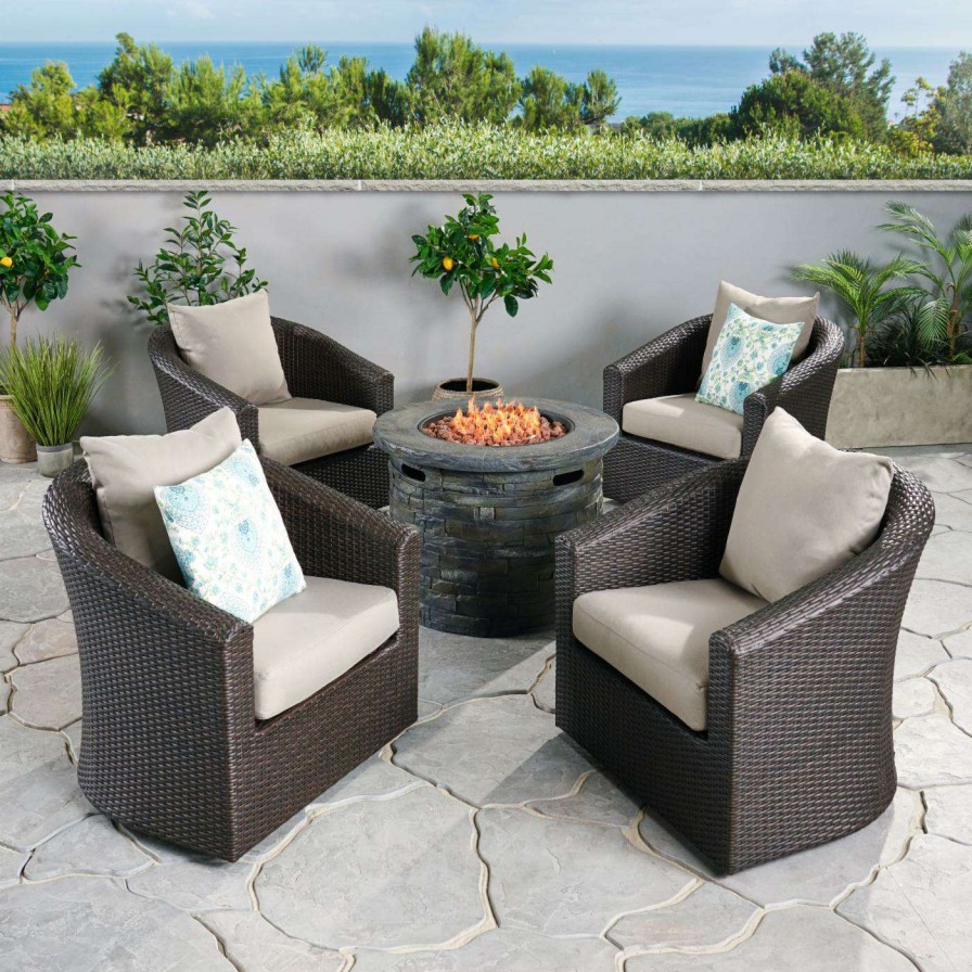 Fire Pit Patio Sets * | Brand New Best Selling Home Decor Conversation Sets Keisi Outdoor Wicker 4 Seater Swivel Club Chair Set With Fire Pit