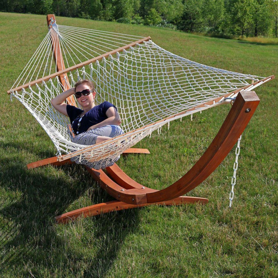 Hammocks * | Best Sale Sunnydaze Decor Double Wide 13 Ft. Rope Hammock With Spreader Bars And Curved Arc Wood Stand