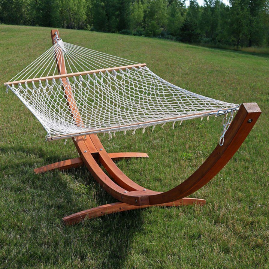 Hammocks * | Best Sale Sunnydaze Decor Double Wide 13 Ft. Rope Hammock With Spreader Bars And Curved Arc Wood Stand