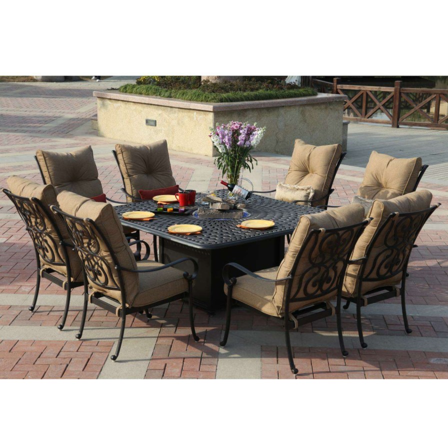 Fire Pit Patio Sets * | Cheapest Patio Dining Sets Darlee Santa Anita Cast Aluminum 9 Piece Square Patio Propane Fire Pit Dining Set