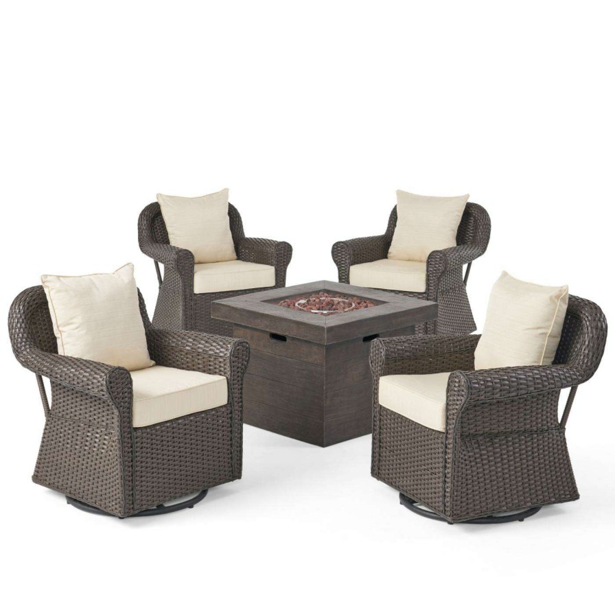 Fire Pit Patio Sets * | Cheapest Best Selling Home Decor Conversation Sets Yamato Outdoor Wicker Swivel Club Chair And Fire Pit Set 5 Piece Dark Brown Beige And Natural