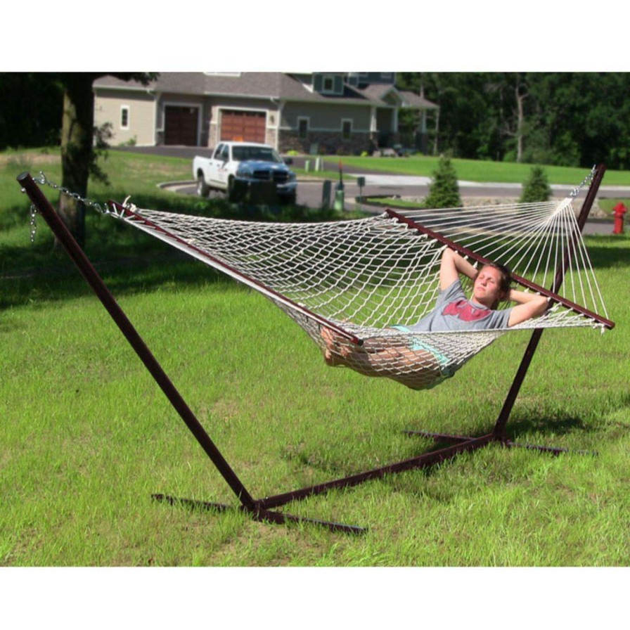 Hammocks * | Brand New Sunnydaze Decor 11 Ft. Sunnydaze Cotton Double Wide Rope Double Hammock With Wooden Spreader Bar And Metal Stand