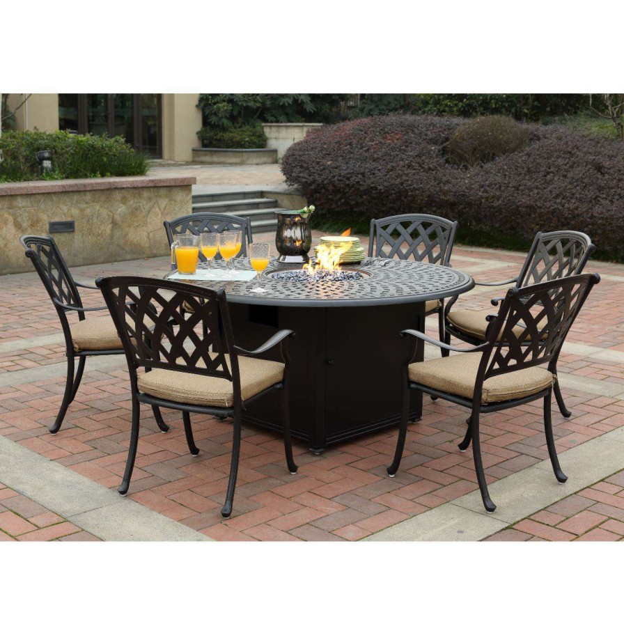 Fire Pit Patio Sets * | Flash Sale Patio Dining Sets Darlee Ocean View Aluminum 7 Piece Round Gas Firepit Dining Set