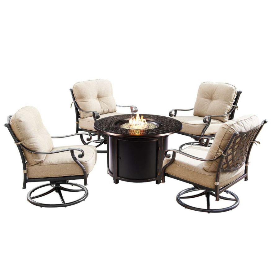 Fire Pit Patio Sets * | Deals Conversation Sets Oakland Living Finland Dubai Aluminum 5 Piece Propane Fire Pit Chat Set