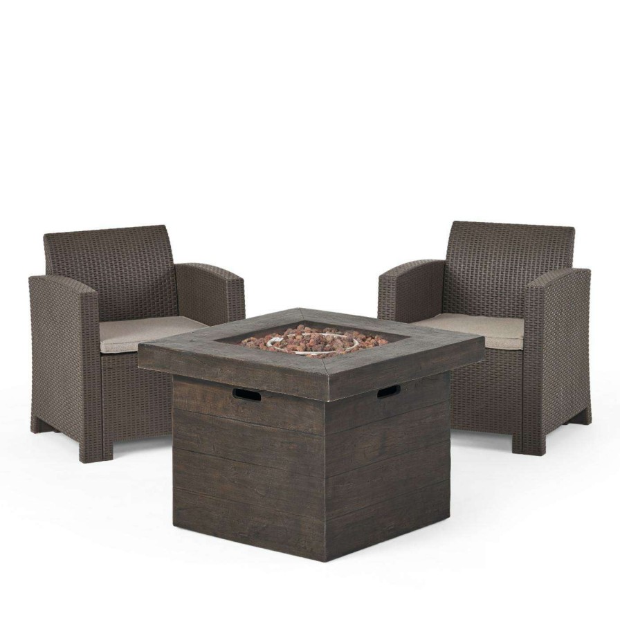 Fire Pit Patio Sets * | Cheap Best Selling Home Decor Conversation Sets Kaytlin Outdoor Faux Wicker Club Chair Set With Fire Pit 2 Seater Brown And Mixed Beige