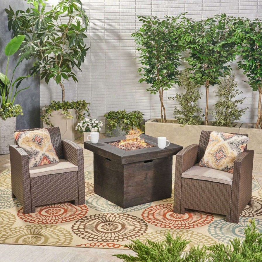 Fire Pit Patio Sets * | Cheap Best Selling Home Decor Conversation Sets Kaytlin Outdoor Faux Wicker Club Chair Set With Fire Pit 2 Seater Brown And Mixed Beige