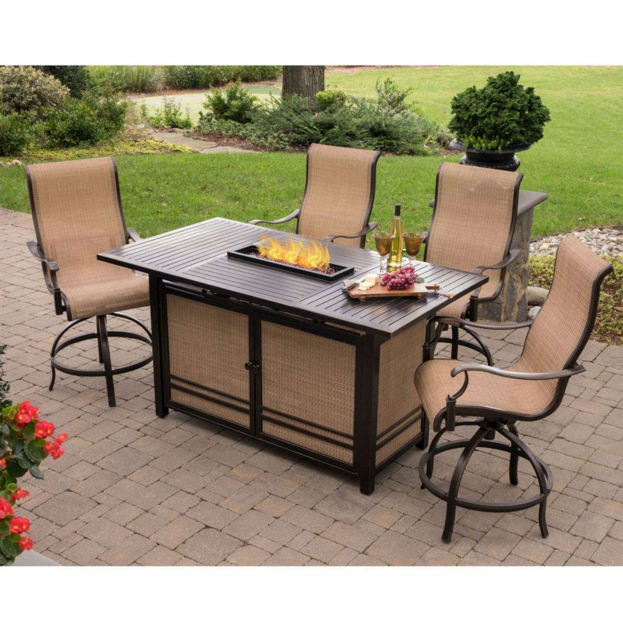 Fire Pit Patio Sets * | Promo Patio Dining Sets Hanover Monaco Aluminum 5 Piece Rectangular Fire Pit High Dining Set