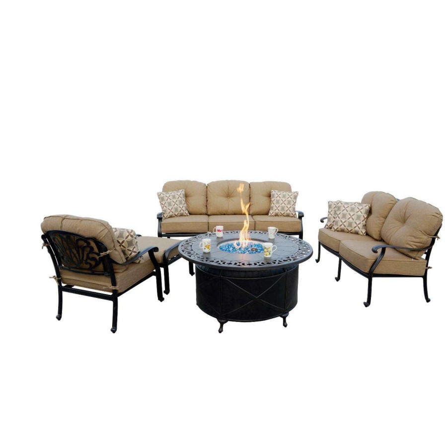 Fire Pit Patio Sets * | New Conversation Sets Darlee Elisabeth 5 Piece Sofa Loveseat And Club Chair Propane Fire Pit Conversation Set