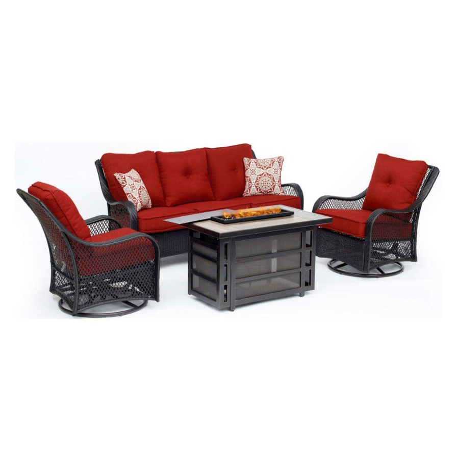 Fire Pit Patio Sets * | New Conversation Sets Hanover Orleans Wicker Rectangular Fire Pit Patio Conversation Set Autumn Berry