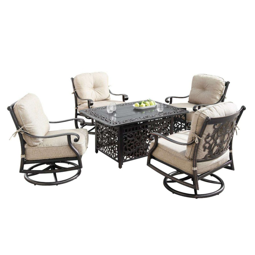 Fire Pit Patio Sets * | Cheap Conversation Sets Oakland Living Canyon Cabos Aluminum 5 Piece Propane Fire Pit Chat Set