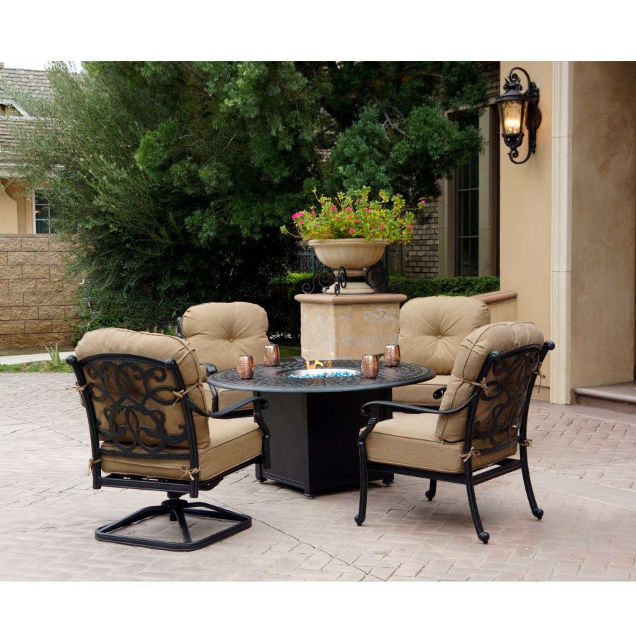 Fire Pit Patio Sets * | New Conversation Sets Darlee Santa Monica 5 Piece Club And Swivel Chair Propane Fire Pit Conversation Set