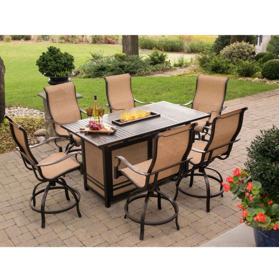 Fire Pit Patio Sets * | Promo Conversation Sets Hanover Monaco Aluminum 7 Piece Rectangular High Dining Fire Pit Chat Set