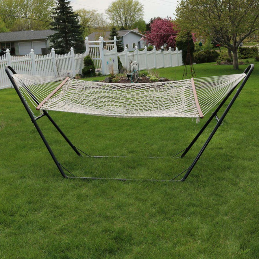 Hammocks * | New Sunnydaze Decor Double Wide 12 Ft. Rope Hammock With Spreader Bars And Steel Stand