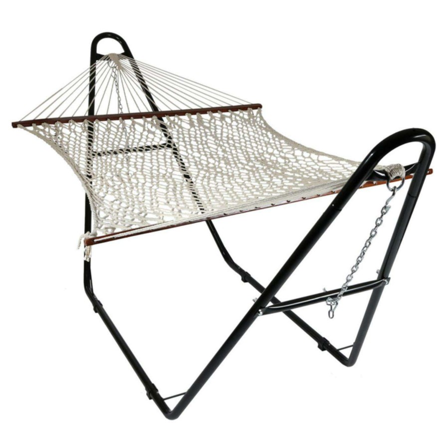 Hammocks * | New Sunnydaze Decor Double Wide 12 Ft. Rope Hammock With Spreader Bars And Steel Stand