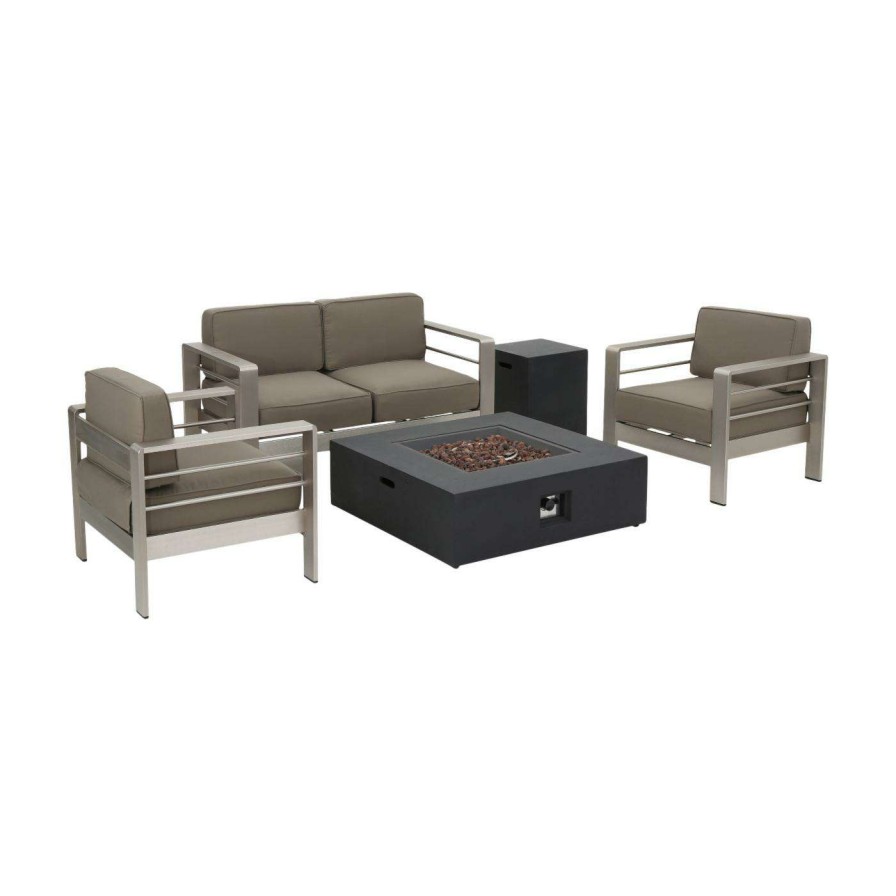 Fire Pit Patio Sets * | Best Sale Best Selling Home Conversation Sets Cape Coral Aluminum 5 Piece Square Fire Pit Patio Set