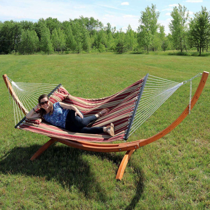 Hammocks * | Budget Sunnydaze Decor Quilted 12 Ft. Double Fabric Hammock With Wood Stand