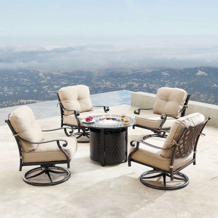 Fire Pit Patio Sets * | Discount Conversation Sets Oakland Living Finland Ritz Aluminum 5 Piece Propane Fire Pit Chat Set