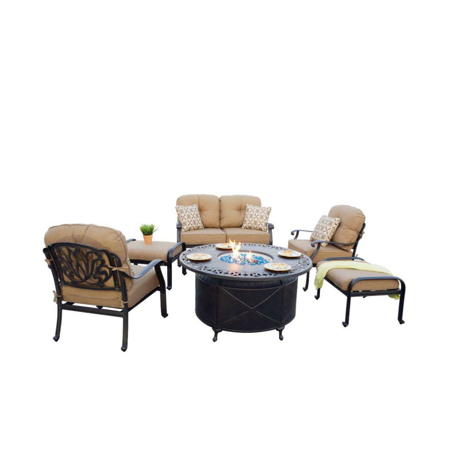 Fire Pit Patio Sets * | Wholesale Conversation Sets Darlee Elisabeth 6 Piece Propane Fire Pit Loveseat Conversation Set With Cushions Pillows And Fire Glass