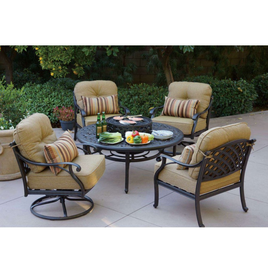 Fire Pit Patio Sets * | Promo Conversation Sets Darlee Nassau 5 Piece Aluminum Bbq Fire Pit Patio Set