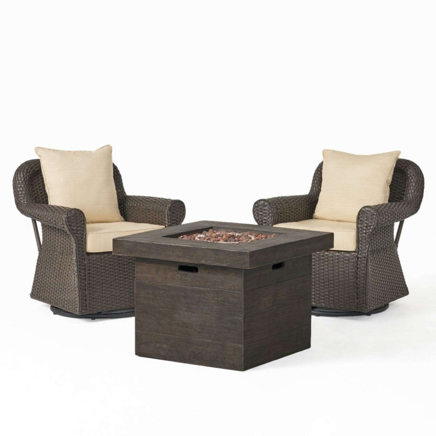 Fire Pit Patio Sets * | Cheapest Best Selling Home Decor Conversation Sets Yamato Outdoor Wicker Swivel Club Chair And Fire Pit Set 3 Piece Dark Brown Beige And Natural