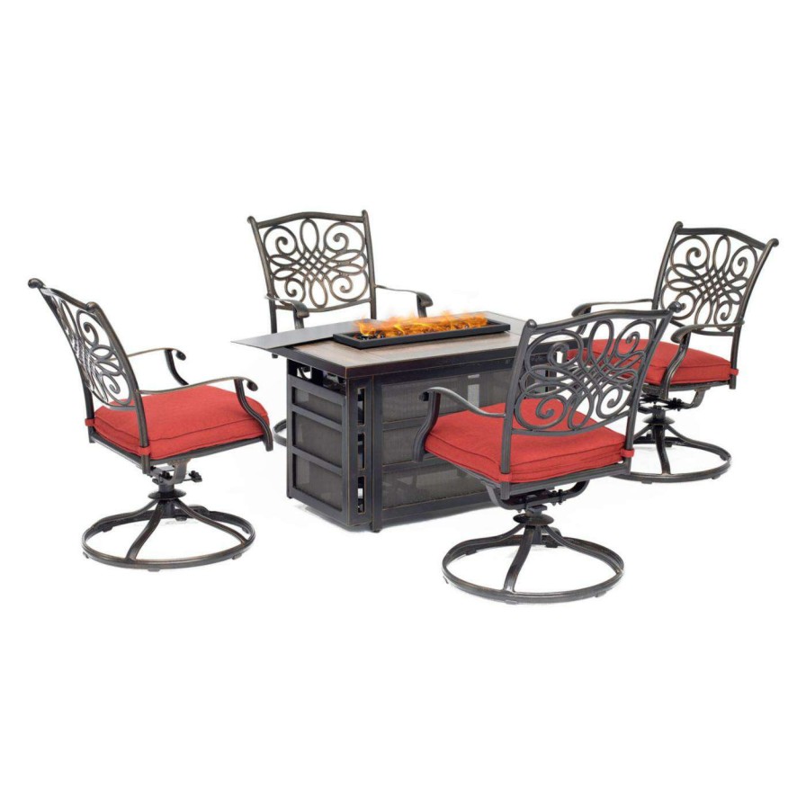 Fire Pit Patio Sets * | Discount Conversation Sets Hanover Traditions Aluminum Square Fire Pit Patio Chat Set