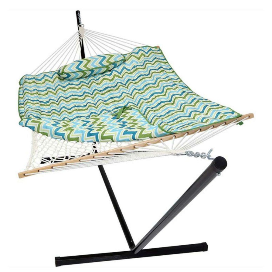 Hammocks * | New Sunnydaze Decor Blue And Green Chevron Cotton Rope Hammock