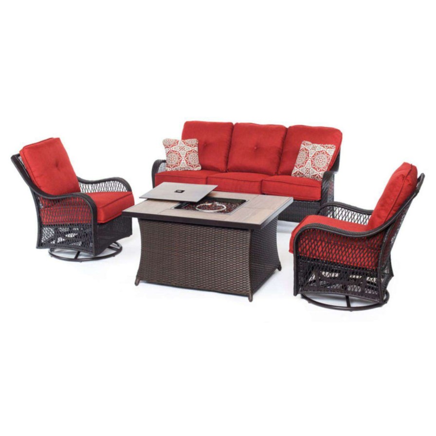 Fire Pit Patio Sets * | Wholesale Conversation Sets Hanover Orleans 4 Piece Wicker Fire Pit Conversation Set