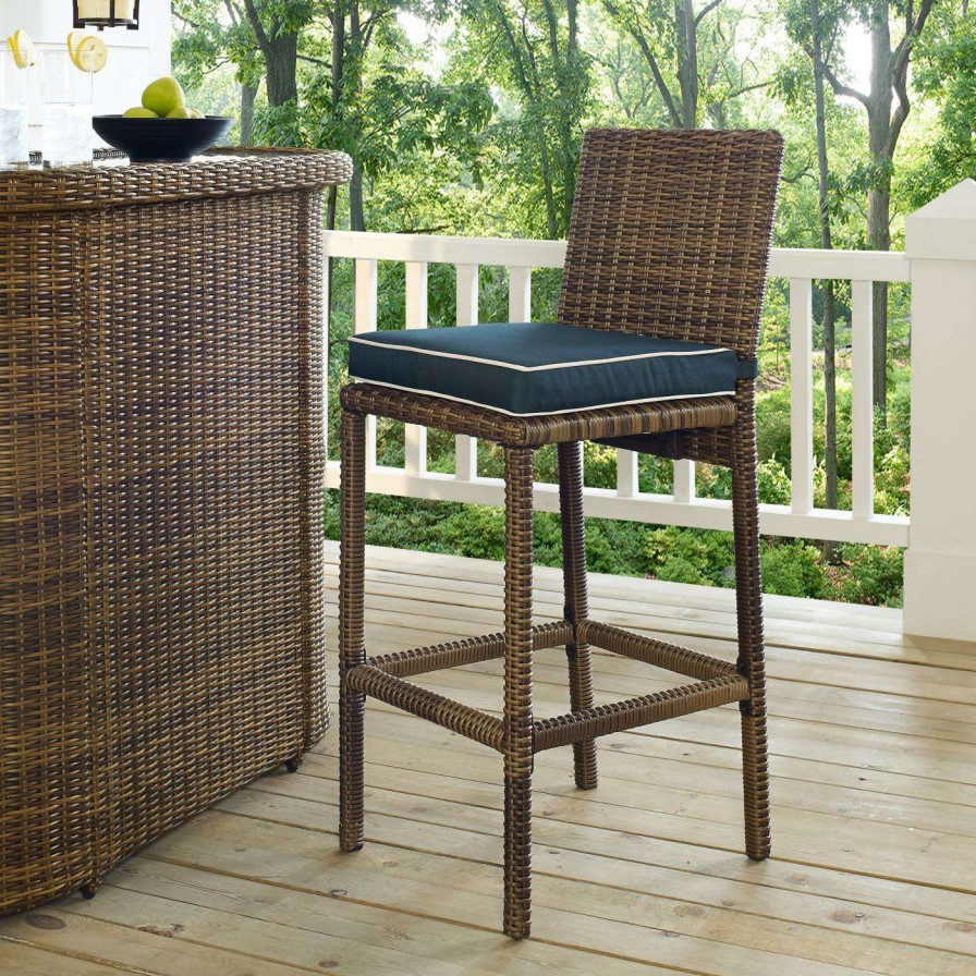 Outdoor Bar Stools * | Discount Side Chairs Crosley Bradenton Wicker Bar Stool Set Of 2 Navy