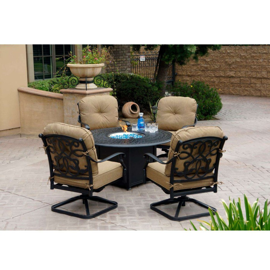 Fire Pit Patio Sets * | Deals Conversation Sets Darlee Santa Monica 5 Piece Swivel Chair Propane Fire Pit Conversation Set