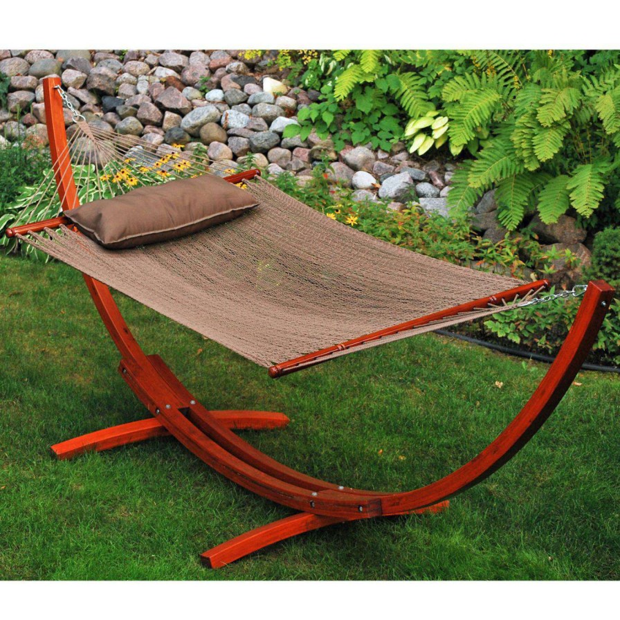 Hammocks * | Best Pirce Rope Algoma 12 Ft. Wooden Arc Stand With Caribbean Hammock And Pillow