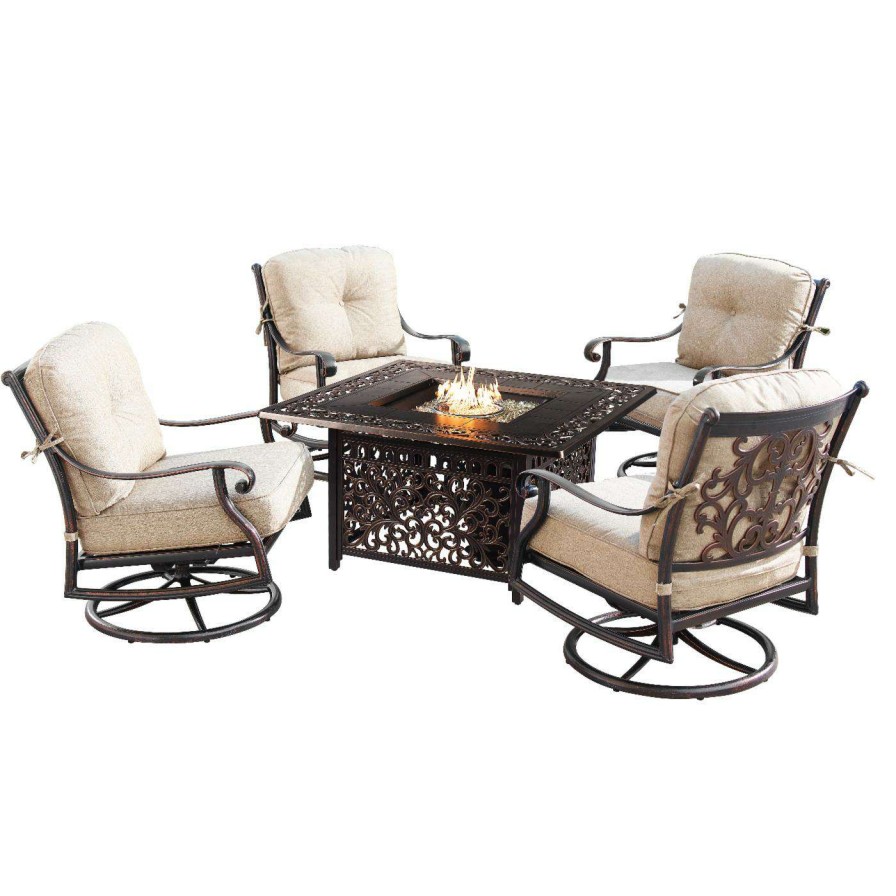 Fire Pit Patio Sets * | Cheapest Conversation Sets Oakland Living Canyon Mayan Aluminum 5 Piece Propane Fire Pit Chat Set