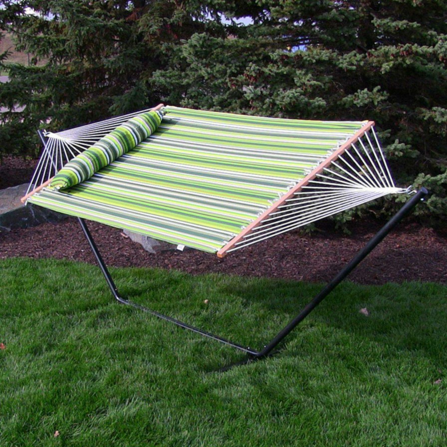 Hammocks * | Promo Sunnydaze Decor Quilted 2 Person Freestanding 15 Ft. Hammock With Spreader Bar And Stand Black / White