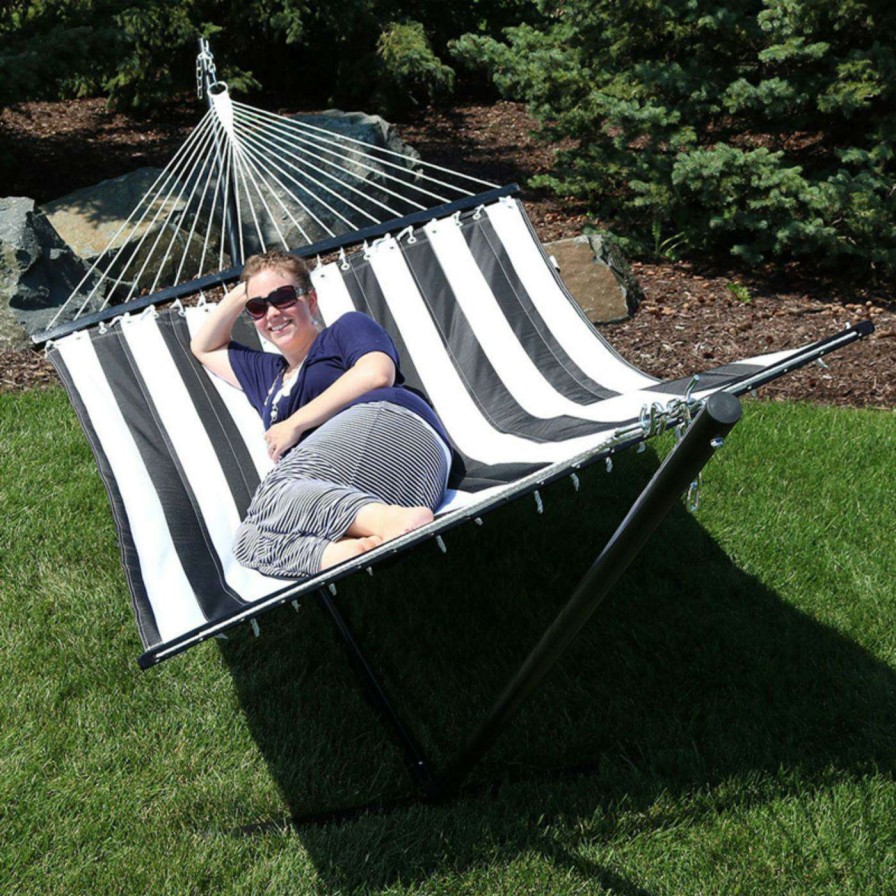 Hammocks * | Promo Sunnydaze Decor Quilted 2 Person Freestanding 15 Ft. Hammock With Spreader Bar And Stand Black / White