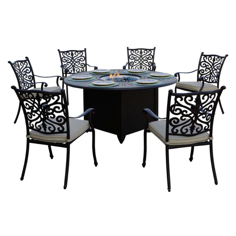 Fire Pit Patio Sets * | Wholesale Patio Dining Sets Ac Home Brooklyn Cast Aluminum 7 Piece Fire Pit Table Patio Dining Set