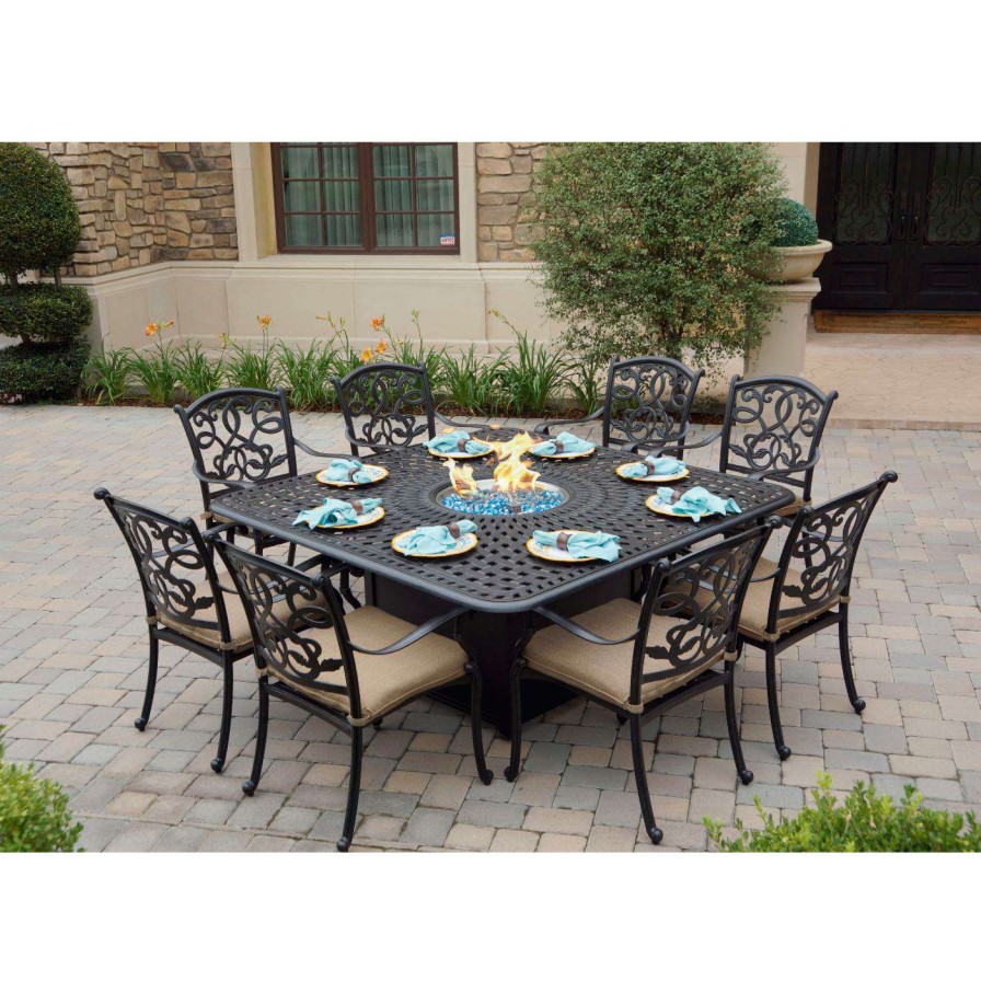 Fire Pit Patio Sets * | Best Deal Patio Dining Sets Darlee Santa Monica Aluminum 9 Piece Propane Fire Pit Patio Dining Set With Cushions And Fire Glass