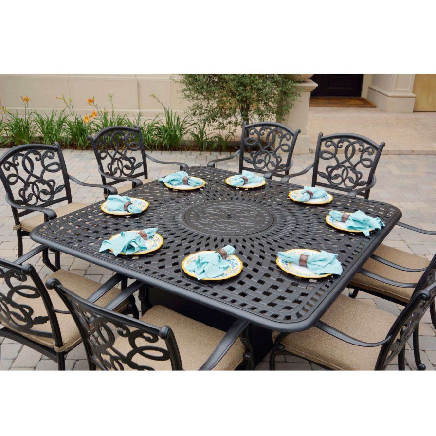 Fire Pit Patio Sets * | Best Deal Patio Dining Sets Darlee Santa Monica Aluminum 9 Piece Propane Fire Pit Patio Dining Set With Cushions And Fire Glass