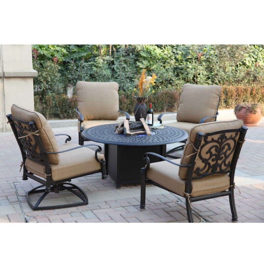 Fire Pit Patio Sets * | Budget Conversation Sets Darlee Santa Barbara 5 Piece Aluminum Round Fire Pit Patio Set