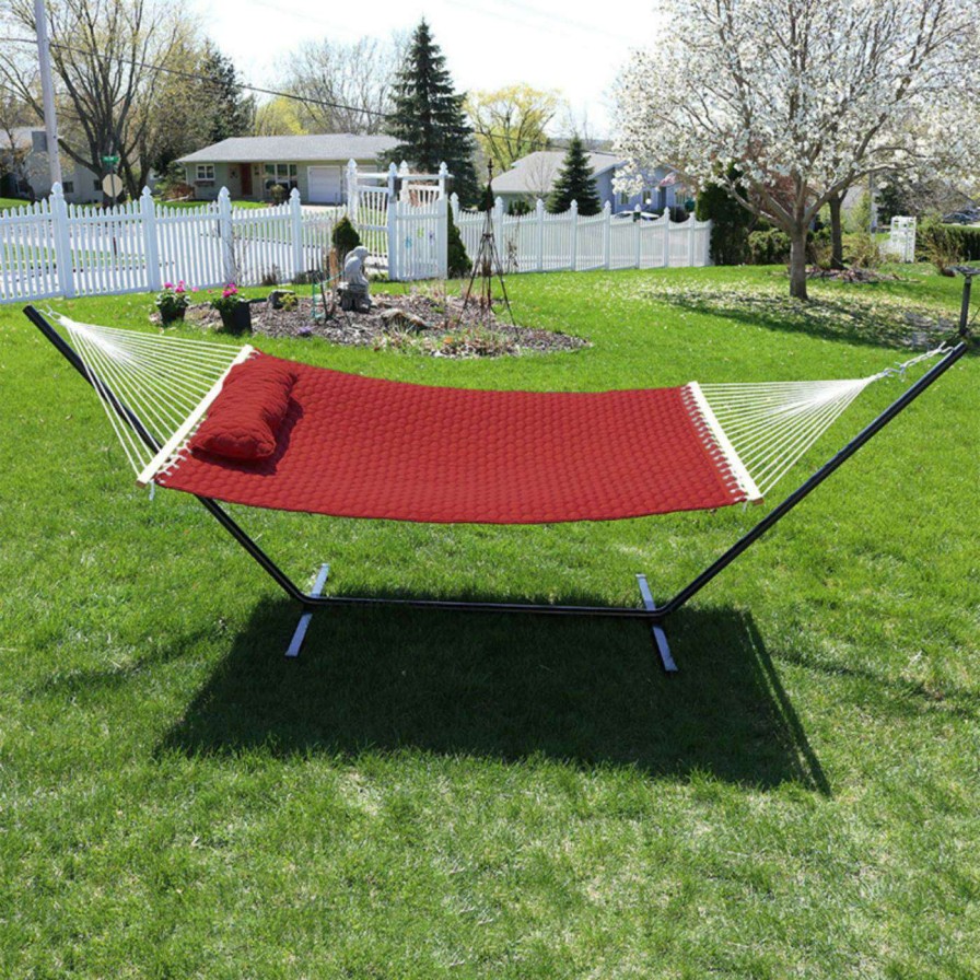 Hammocks * | Coupon Sunnydaze Decor Quilted 2 Person Freestanding Hammock With Spreader Bar And Stand Red